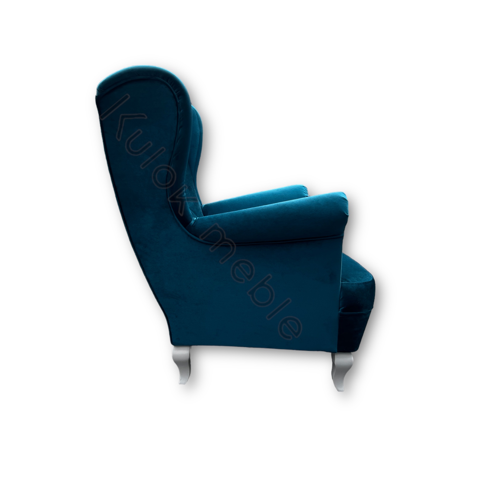 Turkusowy morski fotel uszak chfsterifled w glamour designerski nowojorski z srebrnymi dodatkami glamour do salonu i sypialni.